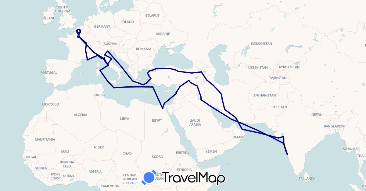 TravelMap itinerary: driving in Armenia, Switzerland, Egypt, France, Greece, India, Iraq, Iran, Italy, Lebanon, Malta, Oman, Syria, Turkey (Africa, Asia, Europe)